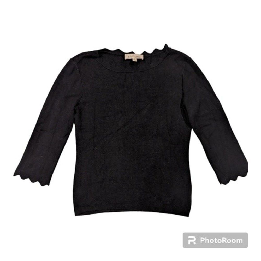 Philosophy Black Scallop Trim Knit 3/4 Sleeve Sweater Size S